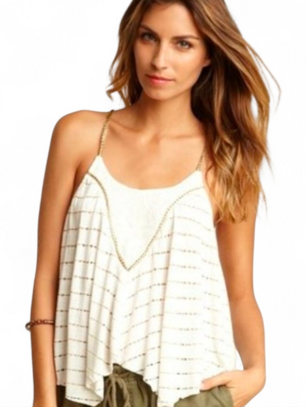 NEW ROMANTICS X FREE PEOPLE Gold White Flowy Cropped Asymmetrical Hem Cami - XS